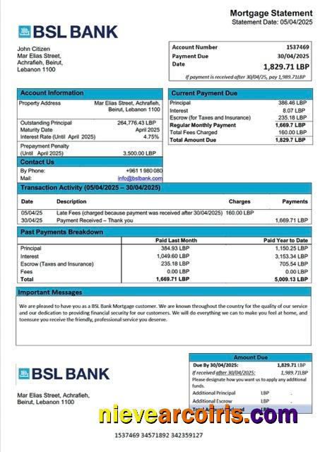 Lebanon BSL Bank mortgage statement Word and PDF template